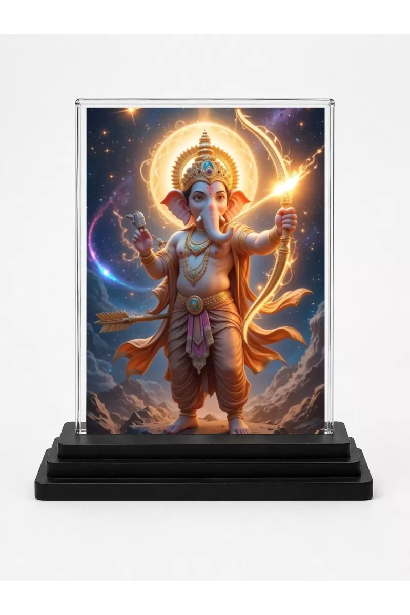 Ganesha Acrylic Car Dashboard Showpiece | Double-Sided Ganesha Photo Stand | 3 X 4 Inch Photo | Transparent Acrylic Frame With Black Base | Car Dashboard, Office & Table Decor (F71690)