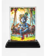 Krishna Acrylic Car Dashboard Showpiece | Double-Sided Krishna Photo Stand | 3 X 4 Inch Photo | Transparent Acrylic Frame With Black Base | Car Dashboard, Office & Table Decor (F71691)