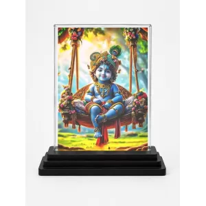 Krishna Acrylic Car Dashboard Showpiece | Double-Sided Krishna Photo Stand | 3 X 4 Inch Photo | Transparent Acrylic Frame With Black Base | Car Dashboard, Office & Table Decor (F71691)
