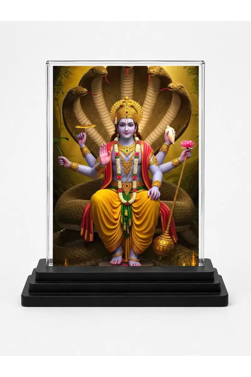 Lord Vishnu Acrylic Car Dashboard Showpiece | Double-Sided Lord Vishnu Photo Stand | 3 X 4 Inch Photo | Transparent Acrylic Frame With Black Base | Car Dashboard, Office & Table Decor (F71693)