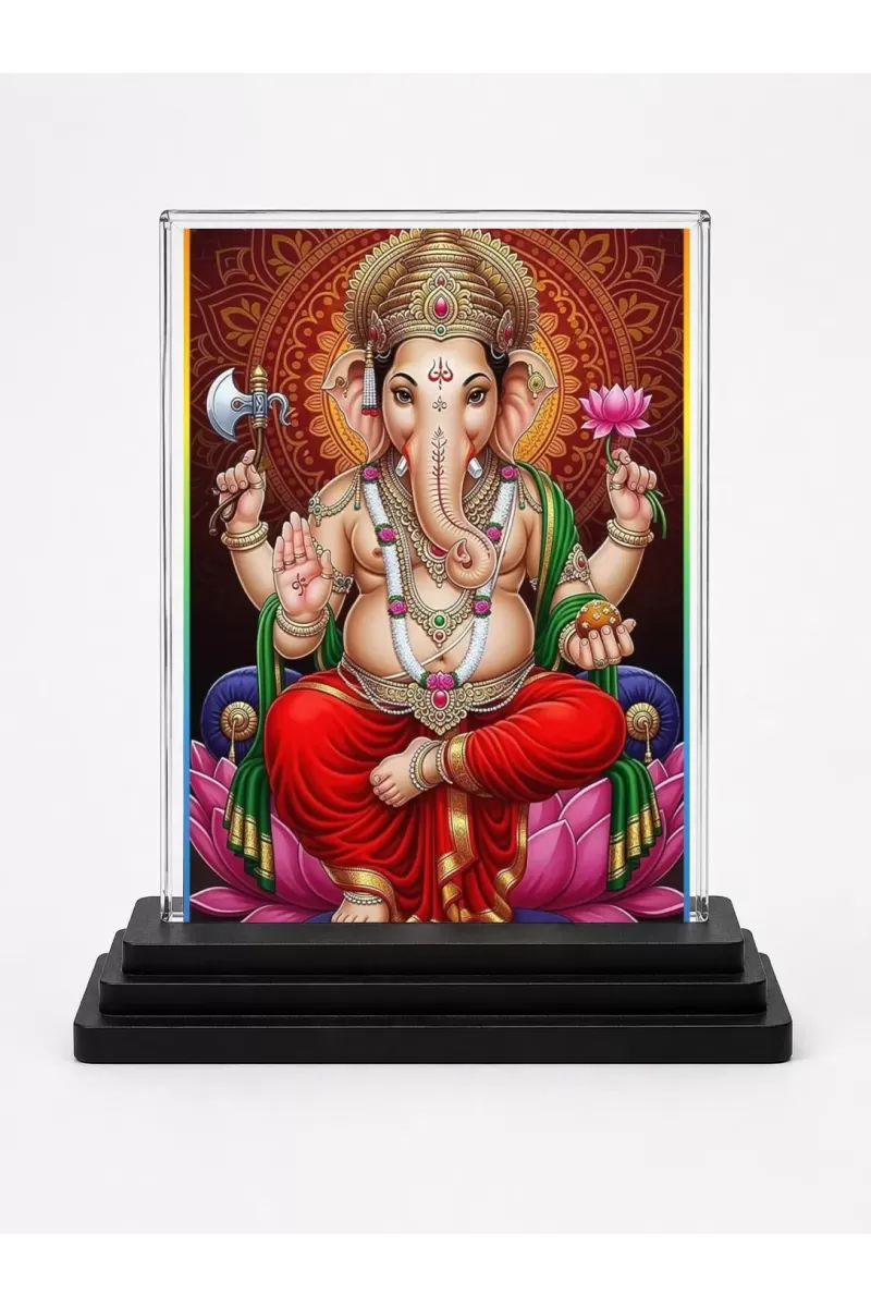 Lord Ganesha Acrylic Car Dashboard Showpiece | Double-Sided Lord Ganesha Photo Stand | 3 X 4 Inch Photo | Transparent Acrylic Frame With Black Base | Car Dashboard, Office & Table Decor (F71694)