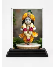 Shree Krishna Acrylic Car Dashboard Showpiece | Double-Sided Shree Krishna Photo Stand | 3 X 4 Inch Photo | Transparent Acrylic Frame With Black Base | Car Dashboard, Office & Table Decor (F71695)