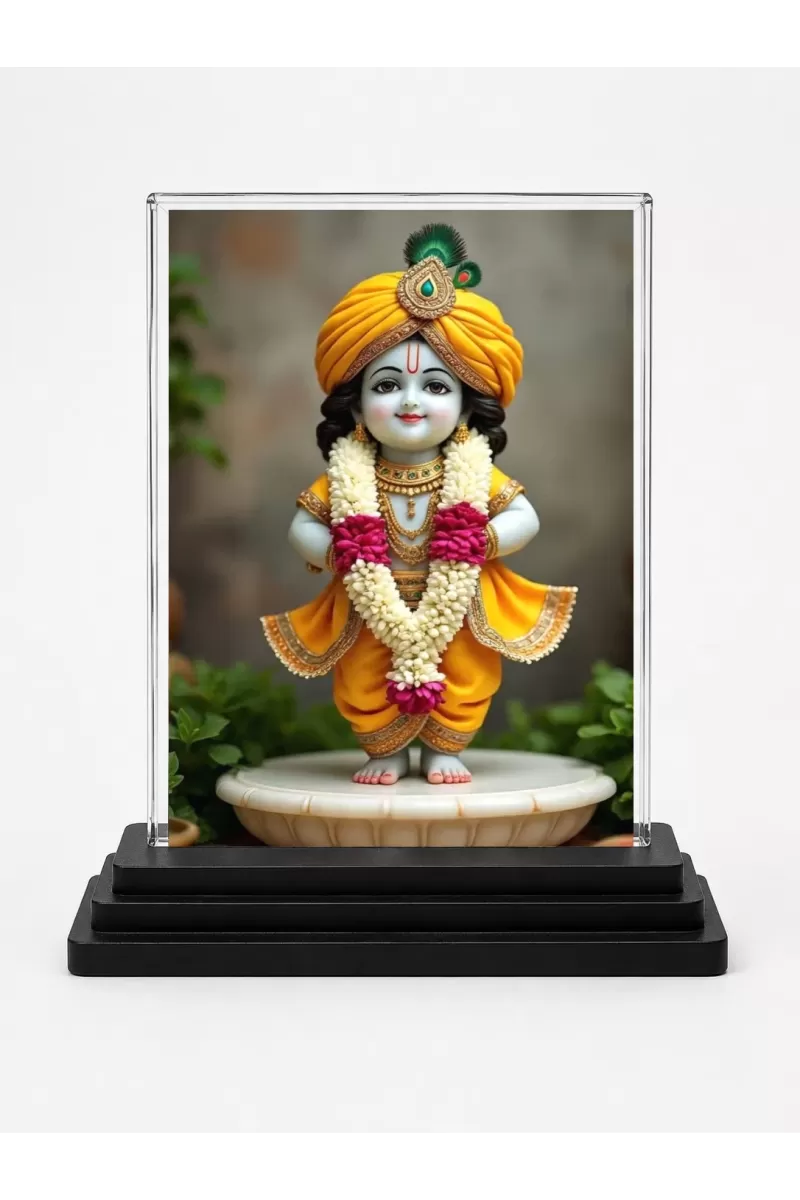 Shree Krishna Acrylic Car Dashboard Showpiece | Double-Sided Shree Krishna Photo Stand | 3 X 4 Inch Photo | Transparent Acrylic Frame With Black Base | Car Dashboard, Office & Table Decor (F71695)