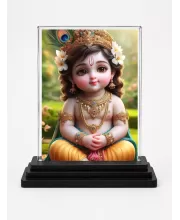 Krishna Acrylic Car Dashboard Showpiece | Double-Sided Krishna Photo Stand | 3 X 4 Inch Photo | Transparent Acrylic Frame With Black Base | Car Dashboard, Office & Table Decor (F71696)