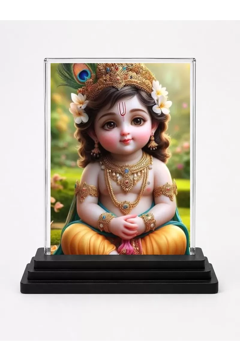 Krishna Acrylic Car Dashboard Showpiece | Double-Sided Krishna Photo Stand | 3 X 4 Inch Photo | Transparent Acrylic Frame With Black Base | Car Dashboard, Office & Table Decor (F71696)