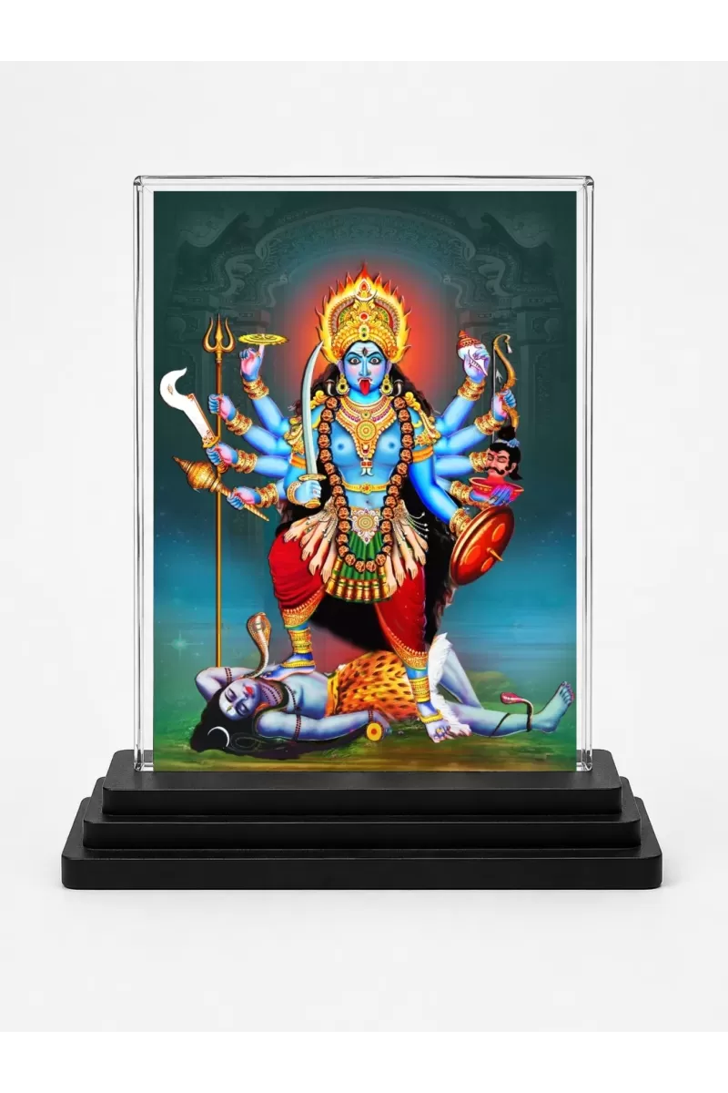 Goddess Kali Acrylic Car Dashboard Showpiece | Double-Sided Goddess Kali Photo Stand | 3 X 4 Inch Photo | Transparent Acrylic Frame With Black Base | Car Dashboard, Office & Table Decor (F71697)
