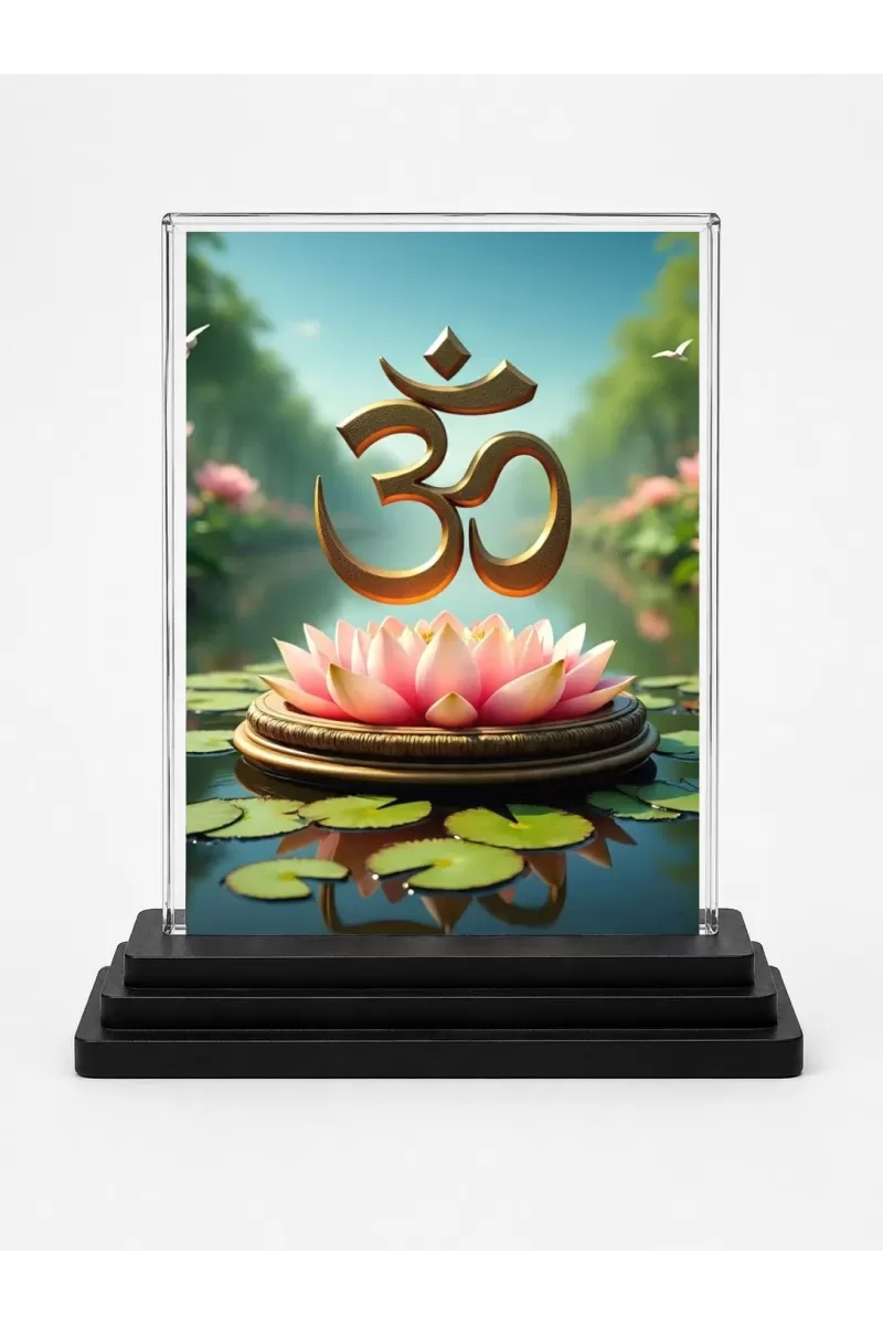 Om Acrylic Car Dashboard Showpiece | Double-Sided Om Photo Stand | 3 X 4 Inch Photo | Transparent Acrylic Frame With Black Base | Car Dashboard, Office & Table Decor (F71698)