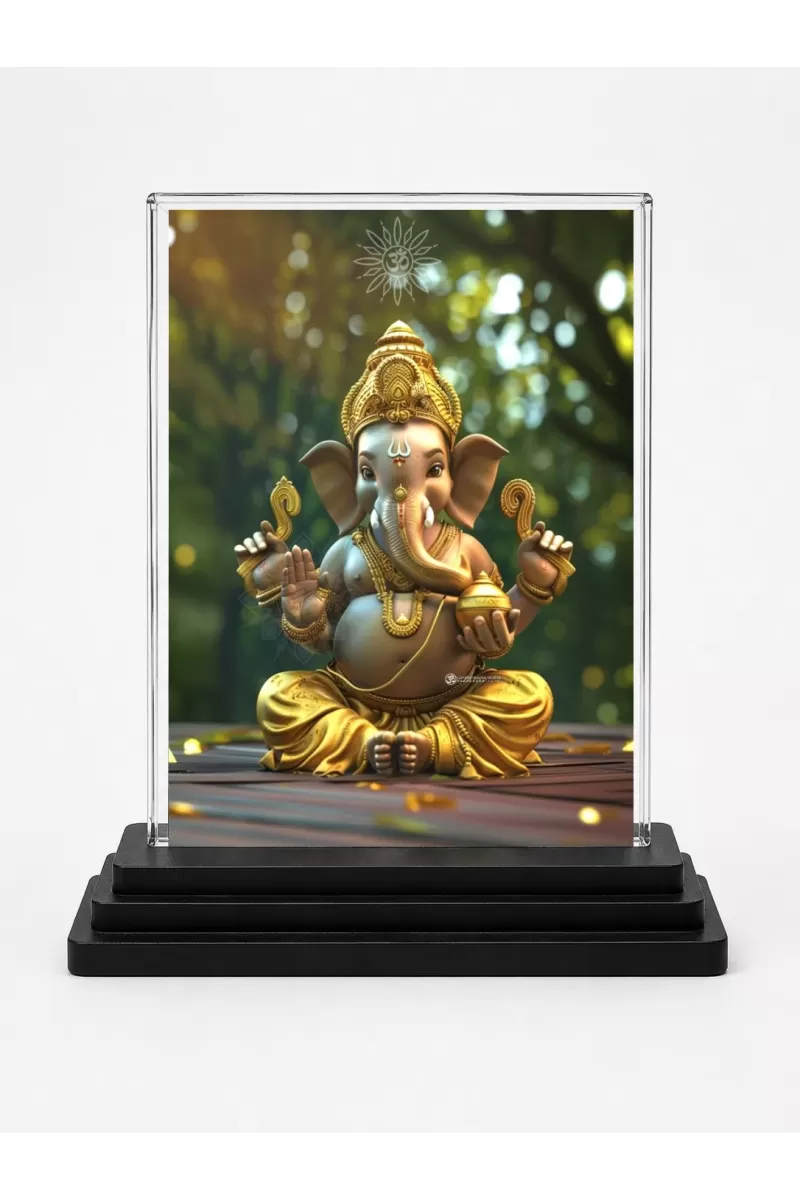 Lord Ganesha Acrylic Car Dashboard Showpiece | Double-Sided Lord Ganesha Photo Stand | 3 X 4 Inch Photo | Transparent Acrylic Frame With Black Base | Car Dashboard, Office & Table Decor (F71700)