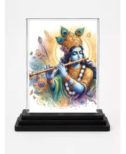 Shree Krishna Acrylic Car Dashboard Showpiece | Double-Sided Shree Krishna Photo Stand | 3 X 4 Inch Photo | Transparent Acrylic Frame With Black Base | Car Dashboard, Office & Table Decor (F71701)