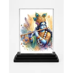 Shree Krishna Acrylic Car Dashboard Showpiece | Double-Sided Shree Krishna Photo Stand | 3 X 4 Inch Photo | Transparent Acrylic Frame With Black Base | Car Dashboard, Office & Table Decor (F71701)