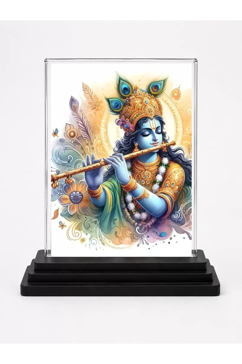 Shree Krishna Acrylic Car Dashboard Showpiece | Double-Sided Shree Krishna Photo Stand | 3 X 4 Inch Photo | Transparent Acrylic Frame With Black Base | Car Dashboard, Office & Table Decor (F71701)