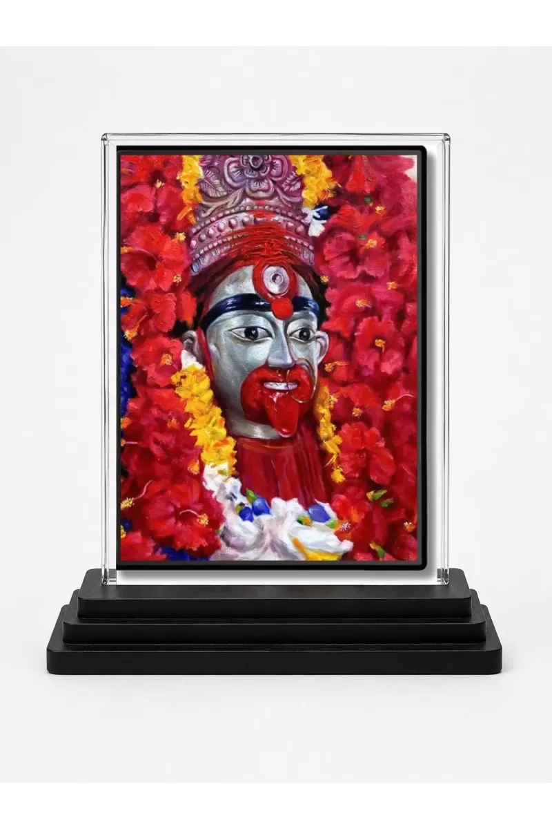 Goddess Kali Acrylic Car Dashboard Showpiece | Double-Sided Goddess Kali Photo Stand | 3 X 4 Inch Photo | Transparent Acrylic Frame With Black Base | Car Dashboard, Office & Table Decor (F71703)