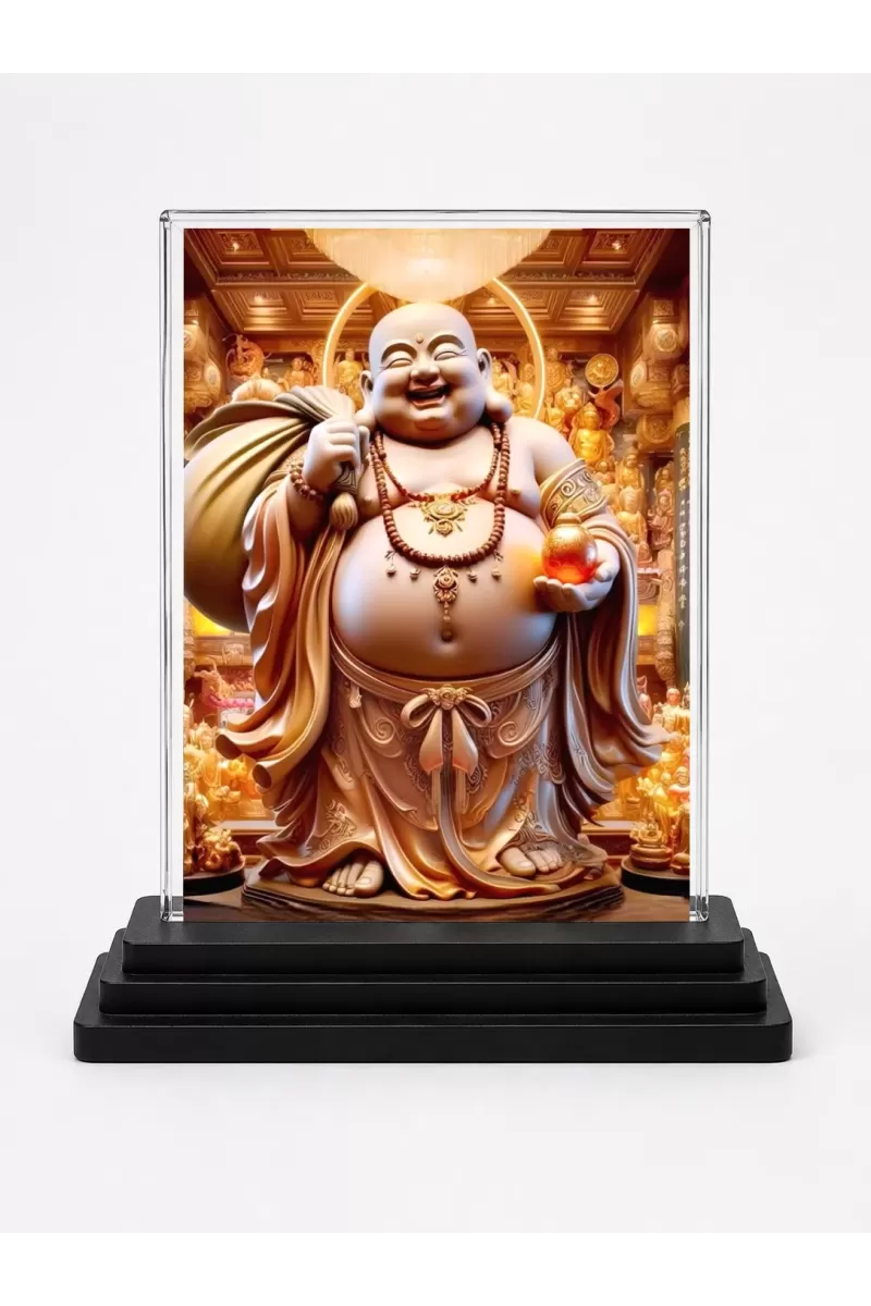 Budai Acrylic Car Dashboard Showpiece | Double-Sided Budai Photo Stand | 3 X 4 Inch Photo | Transparent Acrylic Frame With Black Base | Car Dashboard, Office & Table Decor (F71704)