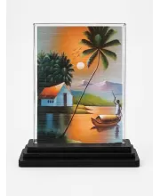 Village Painting Acrylic Car Dashboard Showpiece | Double-Sided Village Painting Photo Stand | 3 X 4 Inch Photo | Transparent Acrylic Frame With Black Base | Car Dashboard, Office & Table Decor (F71708)