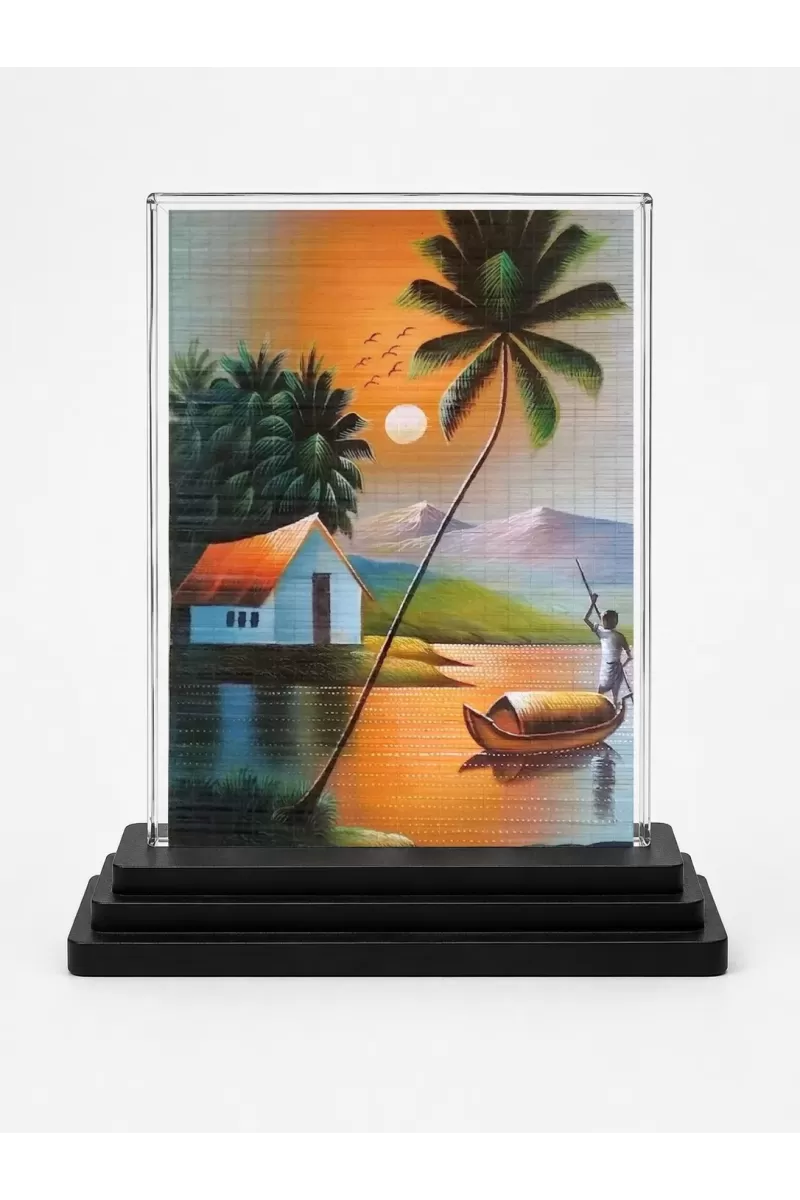 Village Painting Acrylic Car Dashboard Showpiece | Double-Sided Village Painting Photo Stand | 3 X 4 Inch Photo | Transparent Acrylic Frame With Black Base | Car Dashboard, Office & Table Decor (F71708)