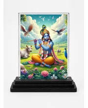 Shree Krishna Acrylic Car Dashboard Showpiece | Double-Sided Shree Krishna Photo Stand | 3 X 4 Inch Photo | Transparent Acrylic Frame With Black Base | Car Dashboard, Office & Table Decor (F71709)