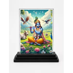 Shree Krishna Acrylic Car Dashboard Showpiece | Double-Sided Shree Krishna Photo Stand | 3 X 4 Inch Photo | Transparent Acrylic Frame With Black Base | Car Dashboard, Office & Table Decor (F71709)