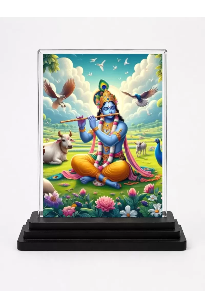 Shree Krishna Acrylic Car Dashboard Showpiece | Double-Sided Shree Krishna Photo Stand | 3 X 4 Inch Photo | Transparent Acrylic Frame With Black Base | Car Dashboard, Office & Table Decor (F71709)