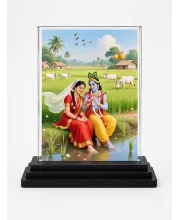Radha And Shree Krishna Acrylic Car Dashboard Showpiece | Double-Sided Radha And Shree Krishna Photo Stand | 3 X 4 Inch Photo | Transparent Acrylic Frame With Black Base | Car Dashboard, Office & Table Decor (F71711)