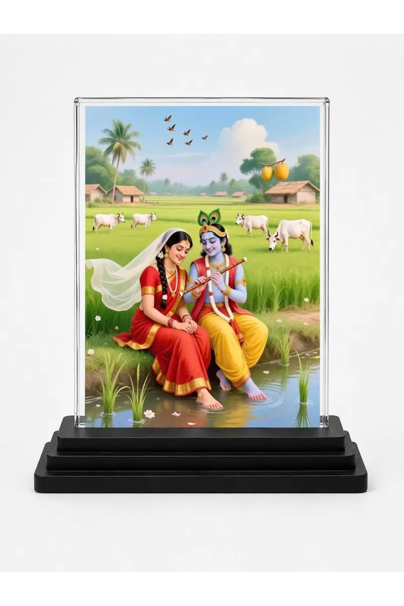 Radha And Shree Krishna Acrylic Car Dashboard Showpiece | Double-Sided Radha And Shree Krishna Photo Stand | 3 X 4 Inch Photo | Transparent Acrylic Frame With Black Base | Car Dashboard, Office & Table Decor (F71711)