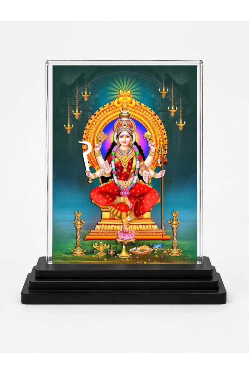 Goddess Durga Acrylic Car Dashboard Showpiece | Double-Sided Goddess Durga Photo Stand | 3 X 4 Inch Photo | Transparent Acrylic Frame With Black Base | Car Dashboard, Office & Table Decor (F71712)