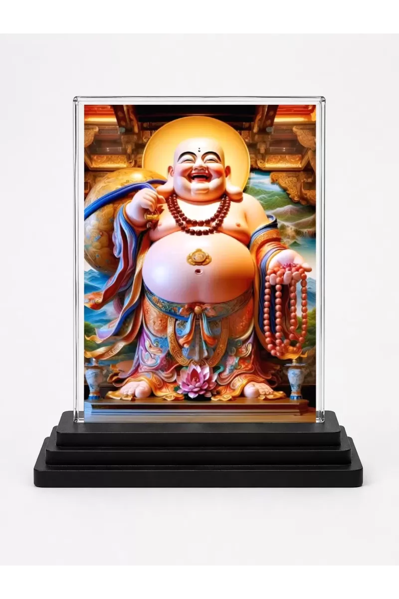 Budai Acrylic Car Dashboard Showpiece | Double-Sided Budai Photo Stand | 3 X 4 Inch Photo | Transparent Acrylic Frame With Black Base | Car Dashboard, Office & Table Decor (F71717)