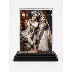 Radha Shree Krishna Acrylic Car Dashboard Showpiece | Double-Sided Radha Shree Krishna Photo Stand | 3 X 4 Inch Photo | Transparent Acrylic Frame With Black Base | Car Dashboard, Office & Table Decor (F71719)