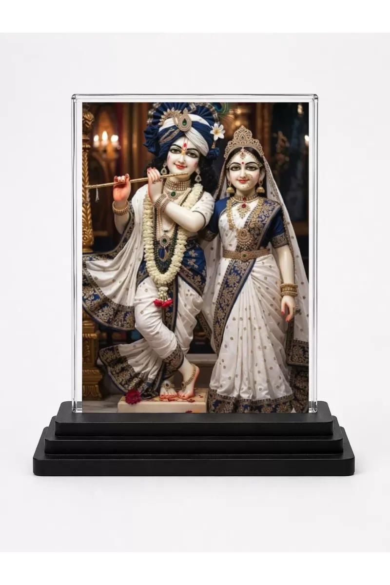 Radha Shree Krishna Acrylic Car Dashboard Showpiece | Double-Sided Radha Shree Krishna Photo Stand | 3 X 4 Inch Photo | Transparent Acrylic Frame With Black Base | Car Dashboard, Office & Table Decor (F71719)