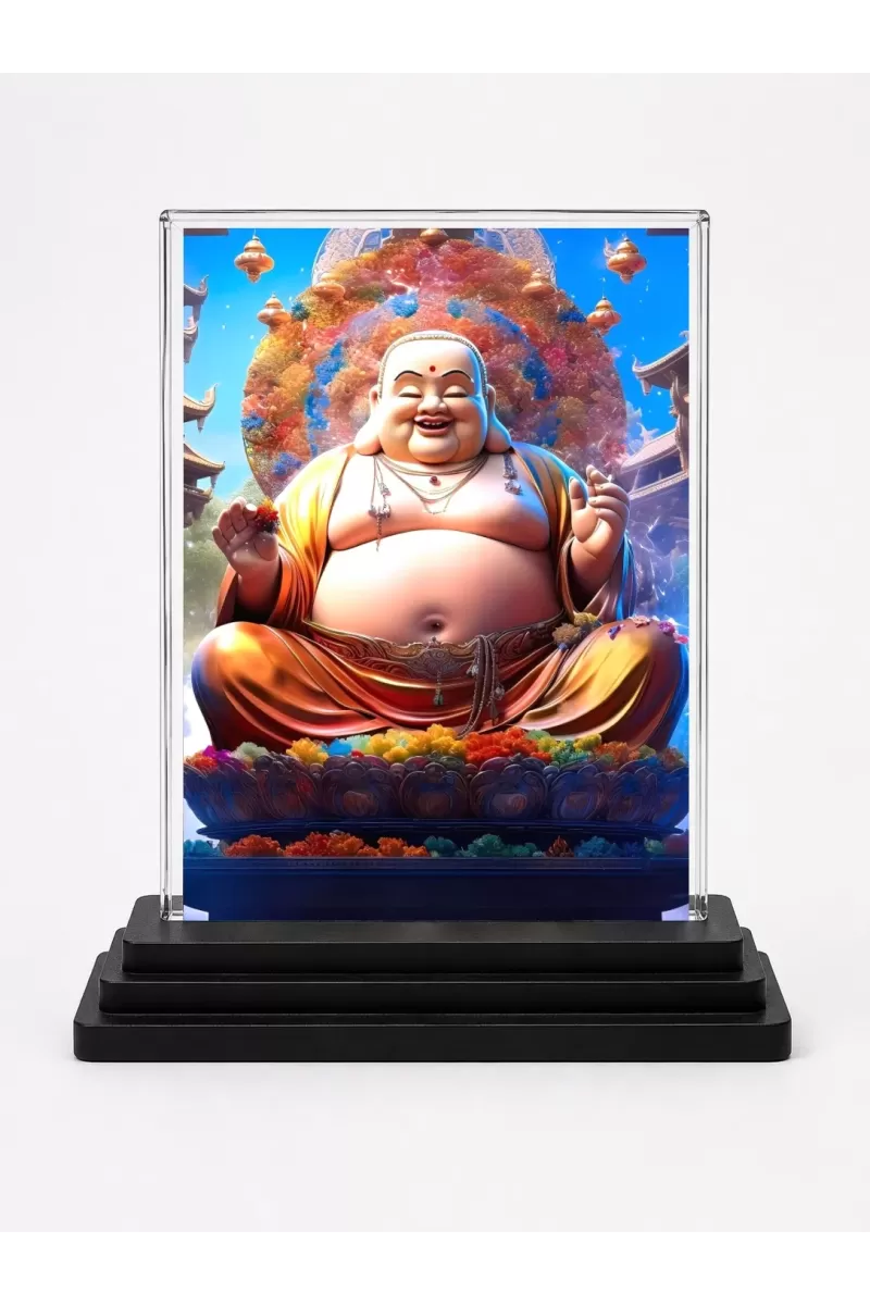 Budai Acrylic Car Dashboard Showpiece | Double-Sided Budai Photo Stand | 3 X 4 Inch Photo | Transparent Acrylic Frame With Black Base | Car Dashboard, Office & Table Decor (F71720)