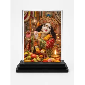 Shree Krishna Acrylic Car Dashboard Showpiece | Double-Sided Shree Krishna Photo Stand | 3 X 4 Inch Photo | Transparent Acrylic Frame With Black Base | Car Dashboard, Office & Table Decor (F71721)