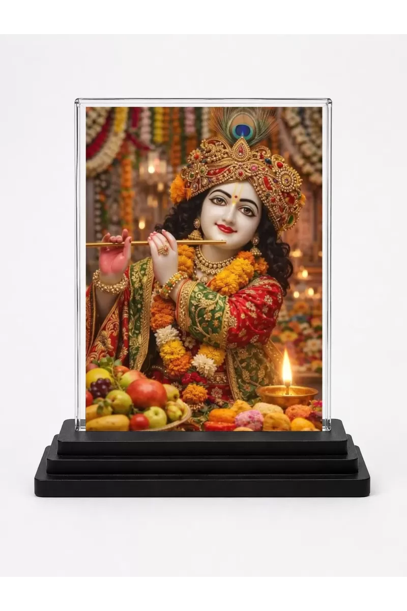 Shree Krishna Acrylic Car Dashboard Showpiece | Double-Sided Shree Krishna Photo Stand | 3 X 4 Inch Photo | Transparent Acrylic Frame With Black Base | Car Dashboard, Office & Table Decor (F71721)