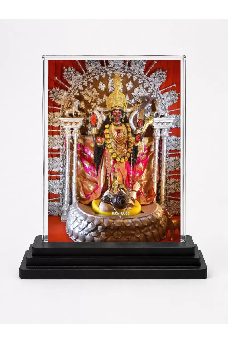 Goddess Kali Acrylic Car Dashboard Showpiece | Double-Sided Goddess Kali Photo Stand | 3 X 4 Inch Photo | Transparent Acrylic Frame With Black Base | Car Dashboard, Office & Table Decor (F71722)