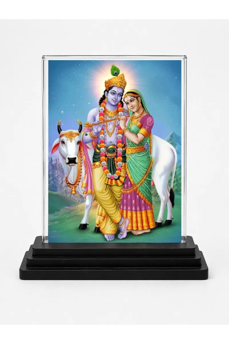 Krishna Acrylic Car Dashboard Showpiece | Double-Sided Krishna Photo Stand | 3 X 4 Inch Photo | Transparent Acrylic Frame With Black Base | Car Dashboard, Office & Table Decor (F71723)
