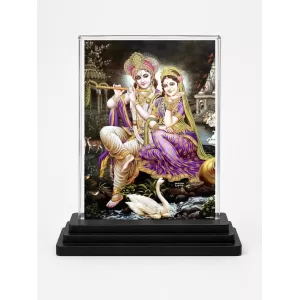 Shree Krishna And Shree Radha Acrylic Car Dashboard Showpiece | Double-Sided Shree Krishna And Shree Radha Photo Stand | 3 X 4 Inch Photo | Transparent Acrylic Frame With Black Base | Car Dashboard, Office & Table Decor (F71725)