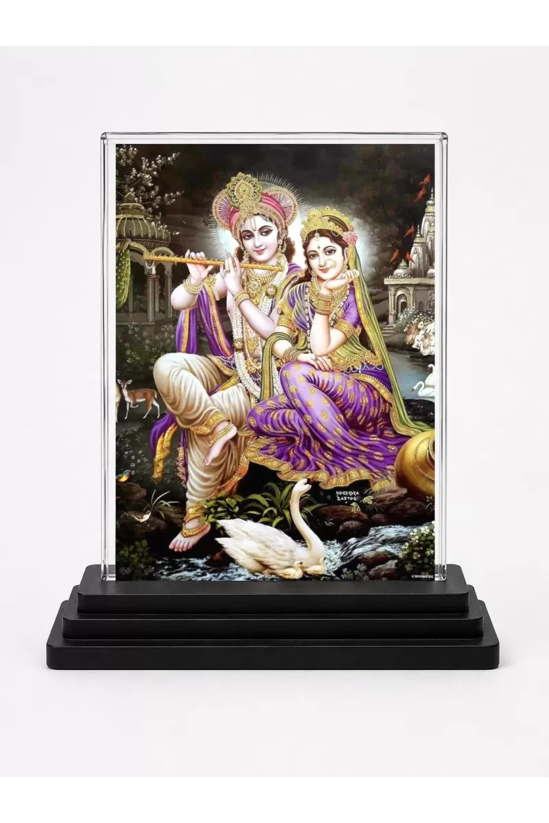 Shree Krishna And Shree Radha Acrylic Car Dashboard Showpiece | Double-Sided Shree Krishna And Shree Radha Photo Stand | 3 X 4 Inch Photo | Transparent Acrylic Frame With Black Base | Car Dashboard, Office & Table Decor (F71725)