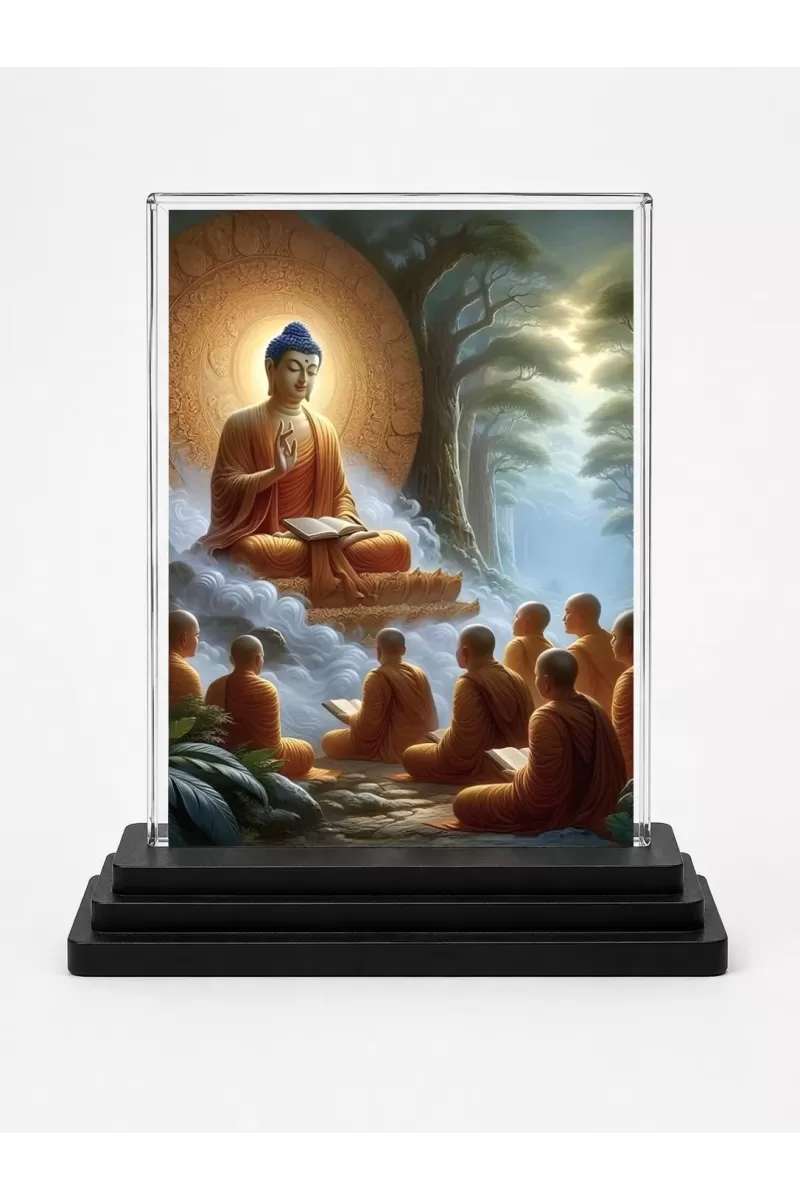 Buddha Acrylic Car Dashboard Showpiece | Double-Sided Buddha Photo Stand | 3 X 4 Inch Photo | Transparent Acrylic Frame With Black Base | Car Dashboard, Office & Table Decor (F71726)