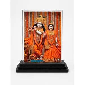 Shree Krishna And Shree Radha Acrylic Car Dashboard Showpiece | Double-Sided Shree Krishna And Shree Radha Photo Stand | 3 X 4 Inch Photo | Transparent Acrylic Frame With Black Base | Car Dashboard, Office & Table Decor (F71728)