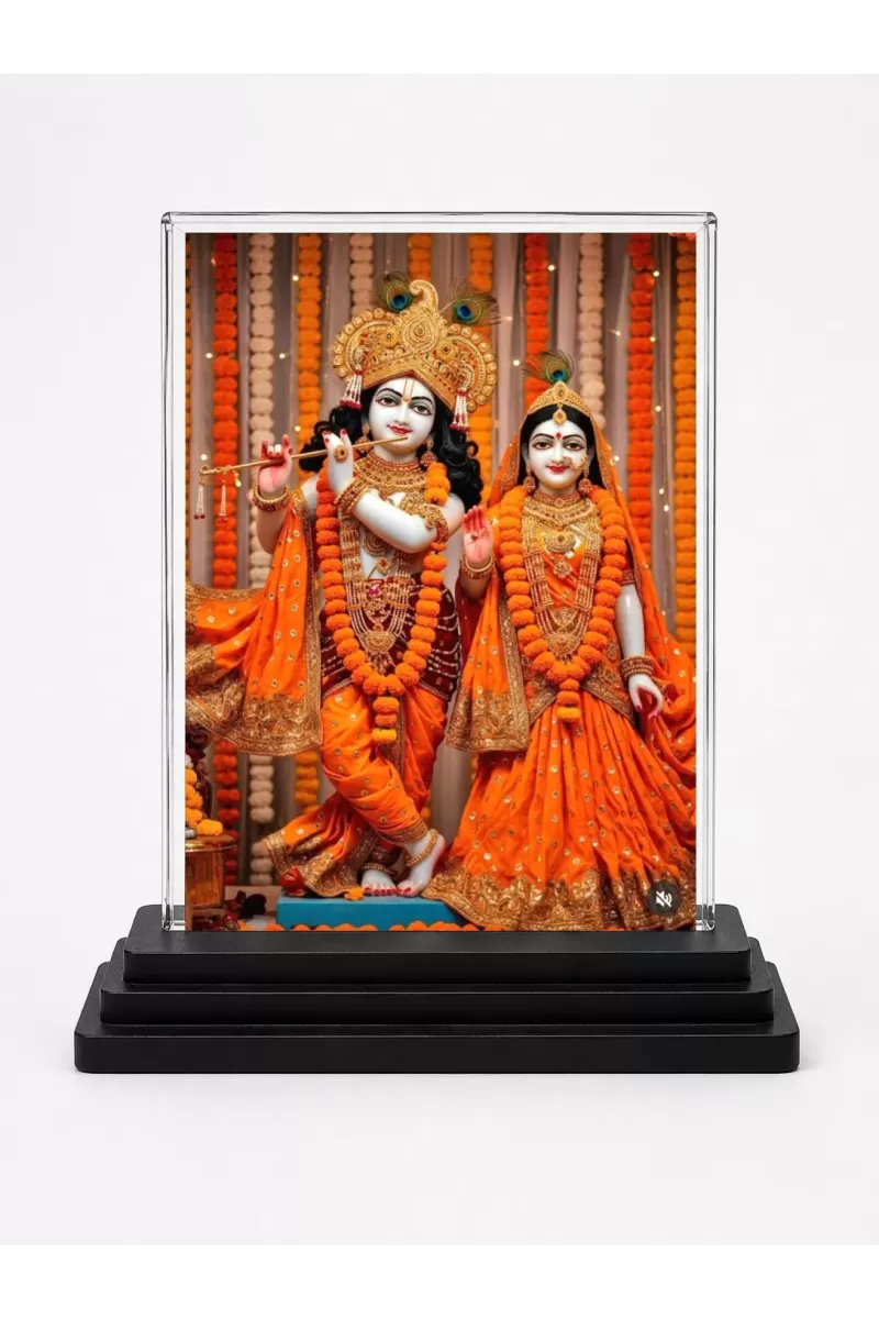 Shree Krishna And Shree Radha Acrylic Car Dashboard Showpiece | Double-Sided Shree Krishna And Shree Radha Photo Stand | 3 X 4 Inch Photo | Transparent Acrylic Frame With Black Base | Car Dashboard, Office & Table Decor (F71728)