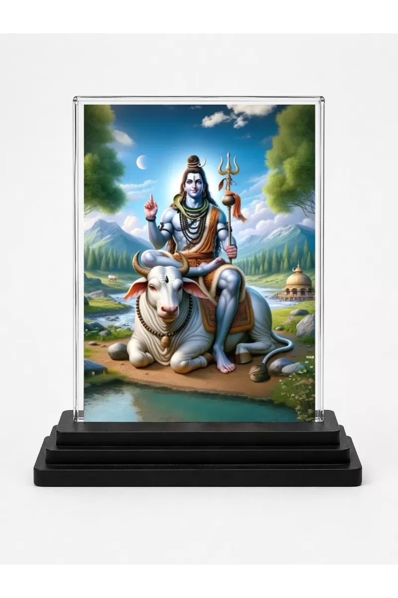 Lord Shiva Acrylic Car Dashboard Showpiece | Double-Sided Lord Shiva Photo Stand | 3 X 4 Inch Photo | Transparent Acrylic Frame With Black Base | Car Dashboard, Office & Table Decor (F71729)