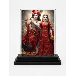 Radha Krishna Acrylic Car Dashboard Showpiece | Double-Sided Radha Krishna Photo Stand | 3 X 4 Inch Photo | Transparent Acrylic Frame With Black Base | Car Dashboard, Office & Table Decor (F71730)