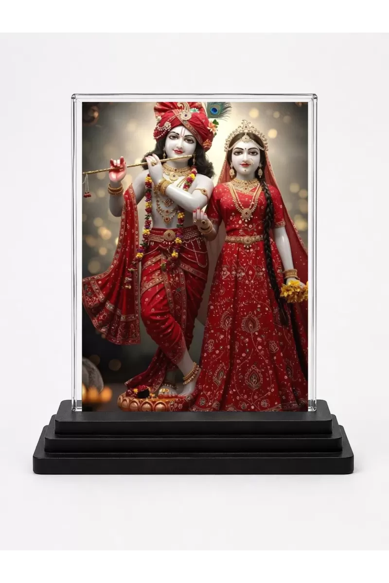 Radha Krishna Acrylic Car Dashboard Showpiece | Double-Sided Radha Krishna Photo Stand | 3 X 4 Inch Photo | Transparent Acrylic Frame With Black Base | Car Dashboard, Office & Table Decor (F71730)