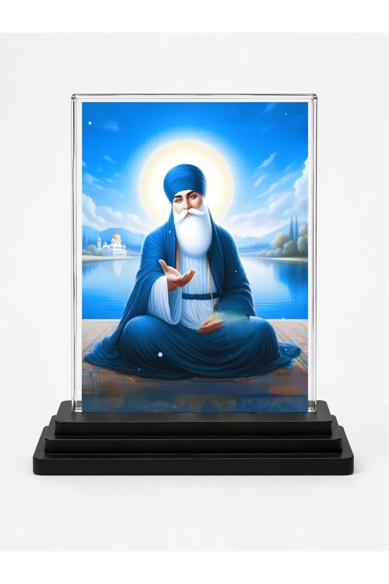Guru Nanak Acrylic Car Dashboard Showpiece | Double-Sided Guru Nanak Photo Stand | 3 X 4 Inch Photo | Transparent Acrylic Frame With Black Base | Car Dashboard, Office & Table Decor (F71731)