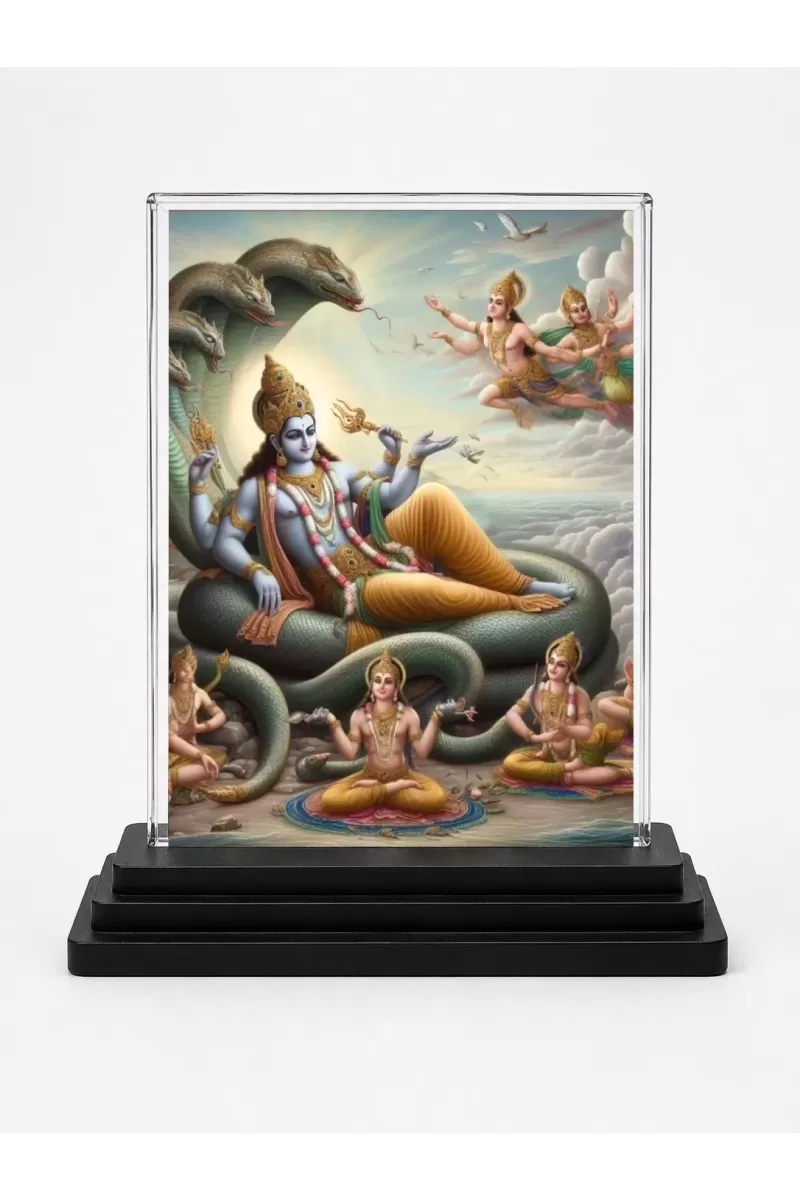 Lord Vishnu Acrylic Car Dashboard Showpiece | Double-Sided Lord Vishnu Photo Stand | 3 X 4 Inch Photo | Transparent Acrylic Frame With Black Base | Car Dashboard, Office & Table Decor (F71733)