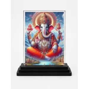 Ganesha Acrylic Car Dashboard Showpiece | Double-Sided Ganesha Photo Stand | 3 X 4 Inch Photo | Transparent Acrylic Frame With Black Base | Car Dashboard, Office & Table Decor (F71736)