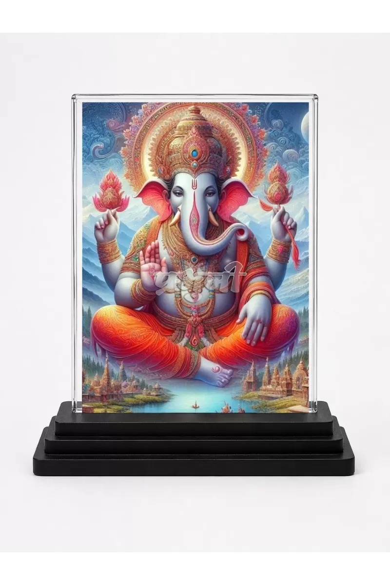 Ganesha Acrylic Car Dashboard Showpiece | Double-Sided Ganesha Photo Stand | 3 X 4 Inch Photo | Transparent Acrylic Frame With Black Base | Car Dashboard, Office & Table Decor (F71736)
