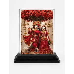 Shree Krishna And Shree Radha Acrylic Car Dashboard Showpiece | Double-Sided Shree Krishna And Shree Radha Photo Stand | 3 X 4 Inch Photo | Transparent Acrylic Frame With Black Base | Car Dashboard, Office & Table Decor (F71738)