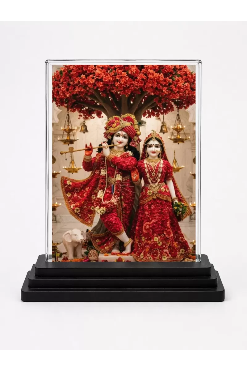 Shree Krishna And Shree Radha Acrylic Car Dashboard Showpiece | Double-Sided Shree Krishna And Shree Radha Photo Stand | 3 X 4 Inch Photo | Transparent Acrylic Frame With Black Base | Car Dashboard, Office & Table Decor (F71738)