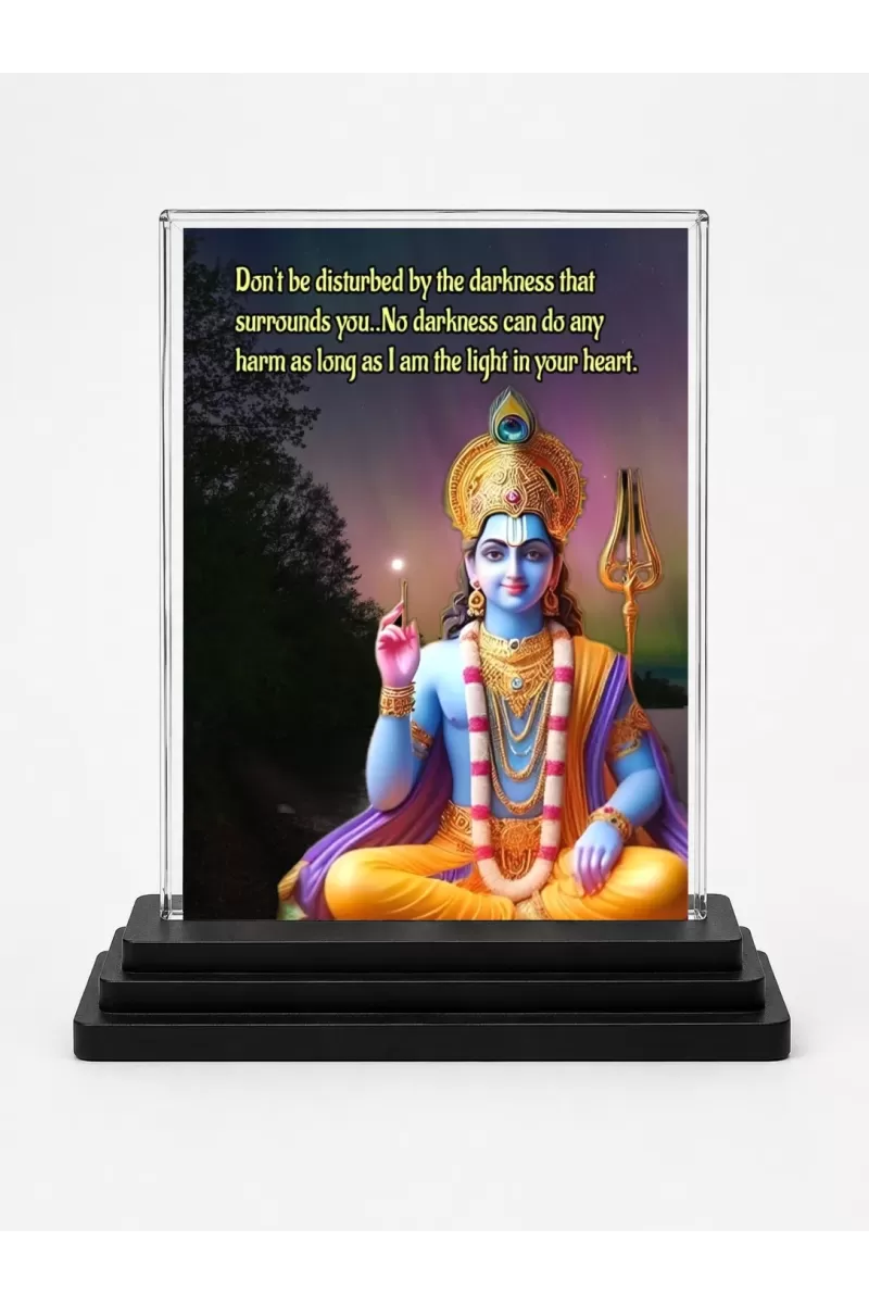 Shree Krishna Acrylic Car Dashboard Showpiece | Double-Sided Shree Krishna Photo Stand | 3 X 4 Inch Photo | Transparent Acrylic Frame With Black Base | Car Dashboard, Office & Table Decor (F71740)