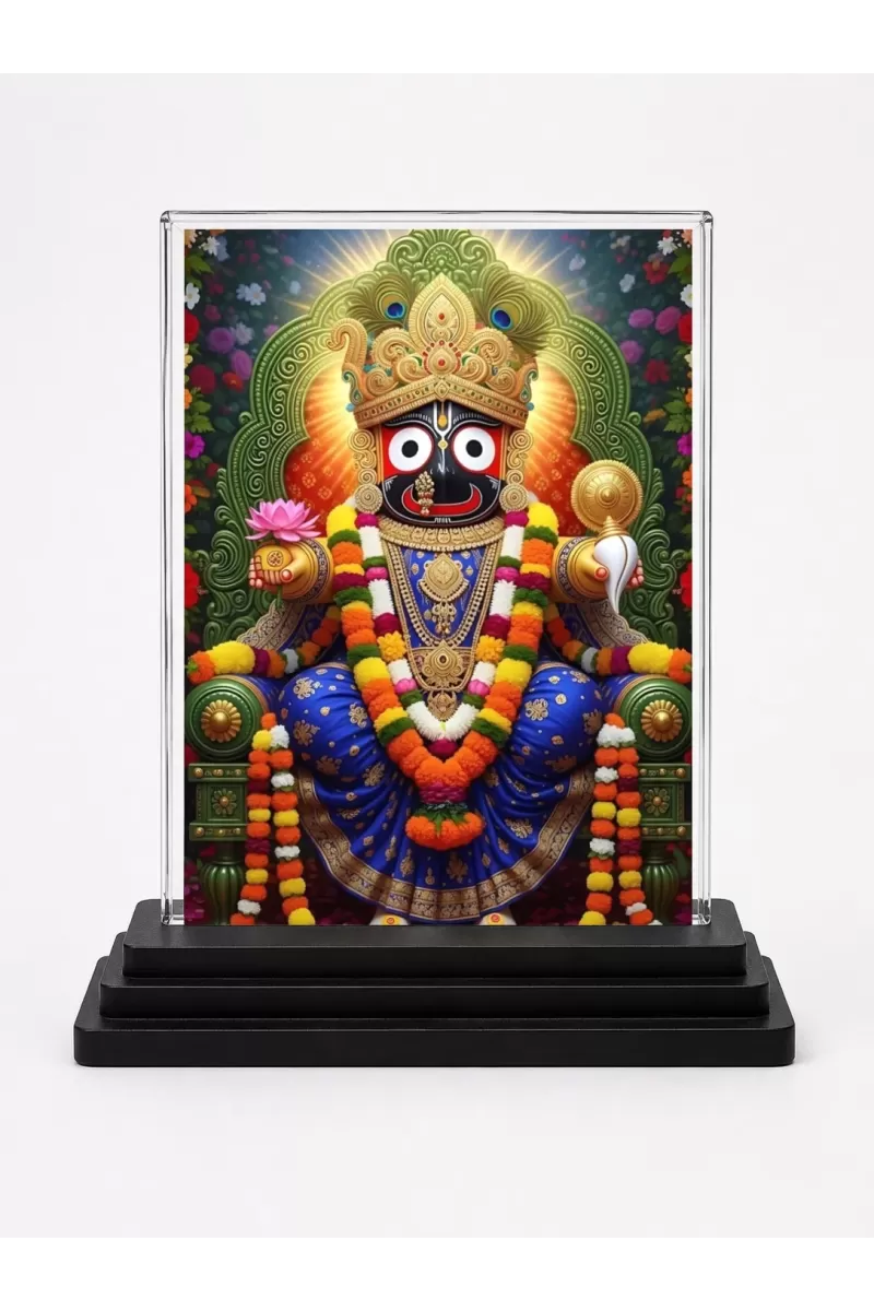 Lord Jagannatha Acrylic Car Dashboard Showpiece | Double-Sided Lord Jagannatha Photo Stand | 3 X 4 Inch Photo | Transparent Acrylic Frame With Black Base | Car Dashboard, Office & Table Decor (F71742)