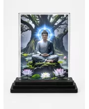 Buddha Acrylic Car Dashboard Showpiece | Double-Sided Buddha Photo Stand | 3 X 4 Inch Photo | Transparent Acrylic Frame With Black Base | Car Dashboard, Office & Table Decor (F71743)